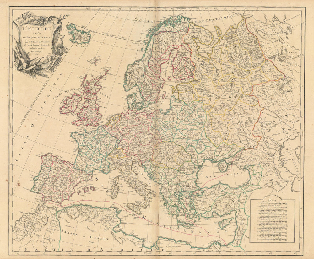 "L'Europe divisée en ses principaux Etats" by ROBERT DE VAUGONDY 1751 old map