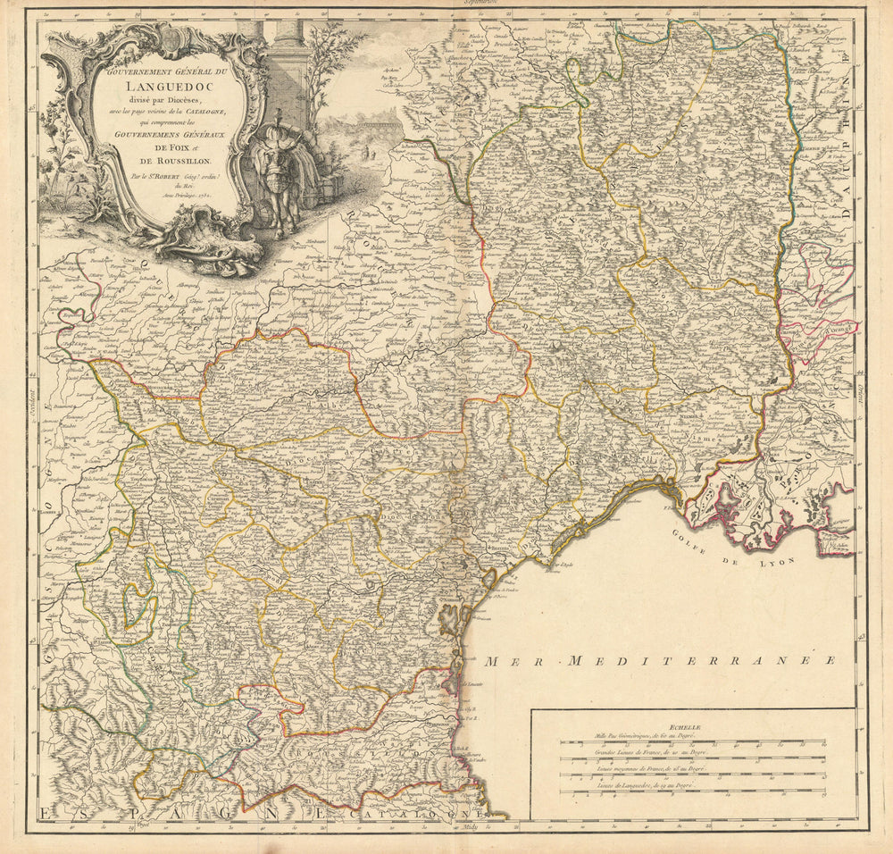 "Gouvernement Général du Languedoc". Occitanie. Midi Pyrenées. VAUGONDY 1752 map