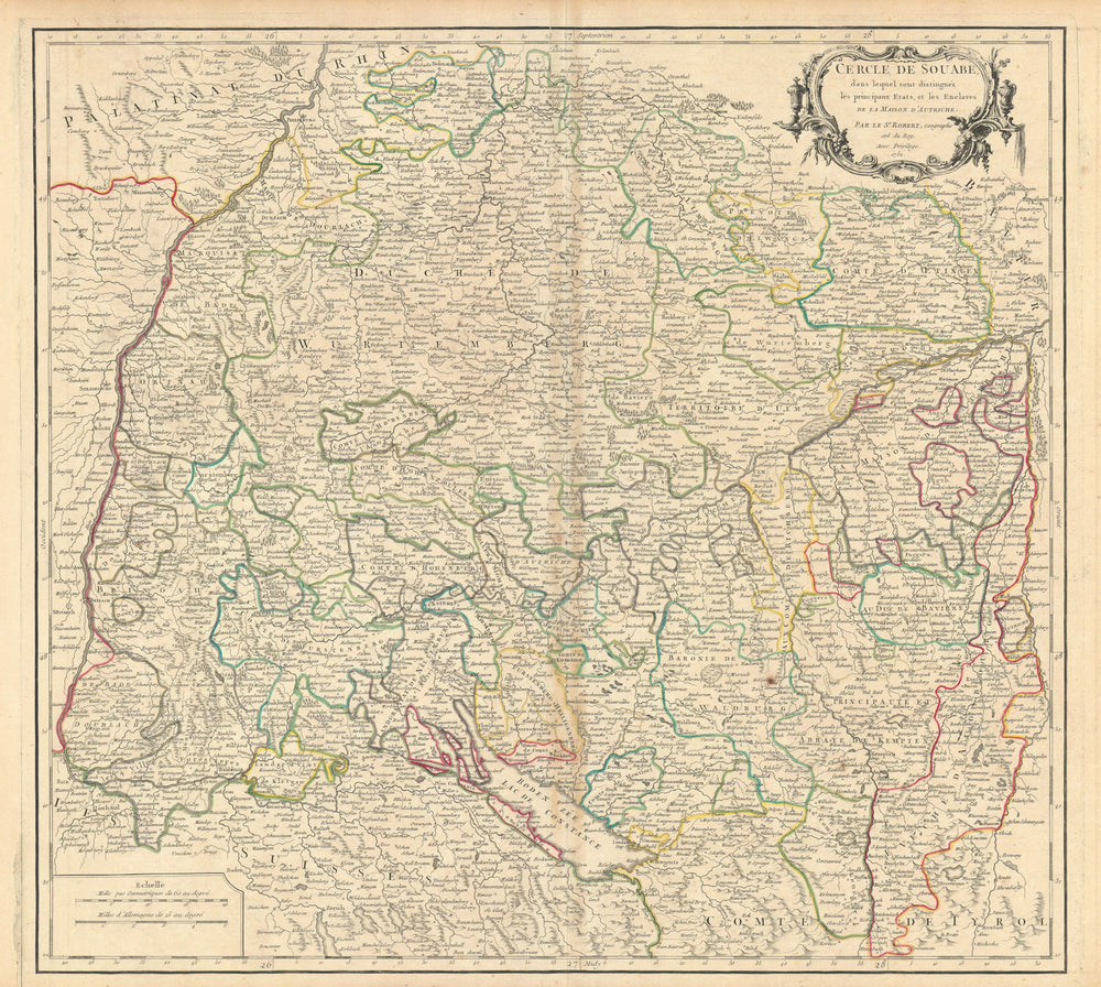 "Cercle de Souabe". Swabia. SW Germany. Baden-Württemberg. VAUGONDY 1751 map