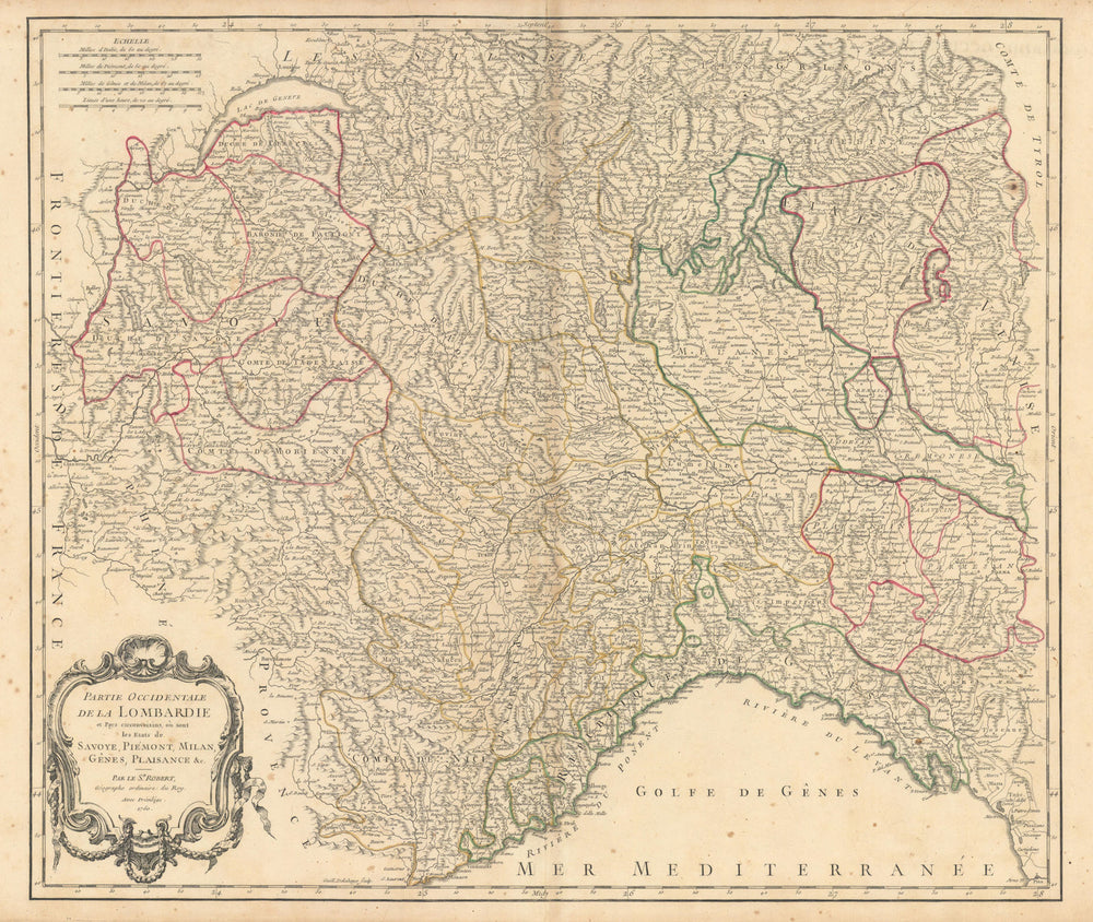 "Partie Occidentale de la Lombardie" NW Italy Liguria Piedmont VAUGONDY 1750 map