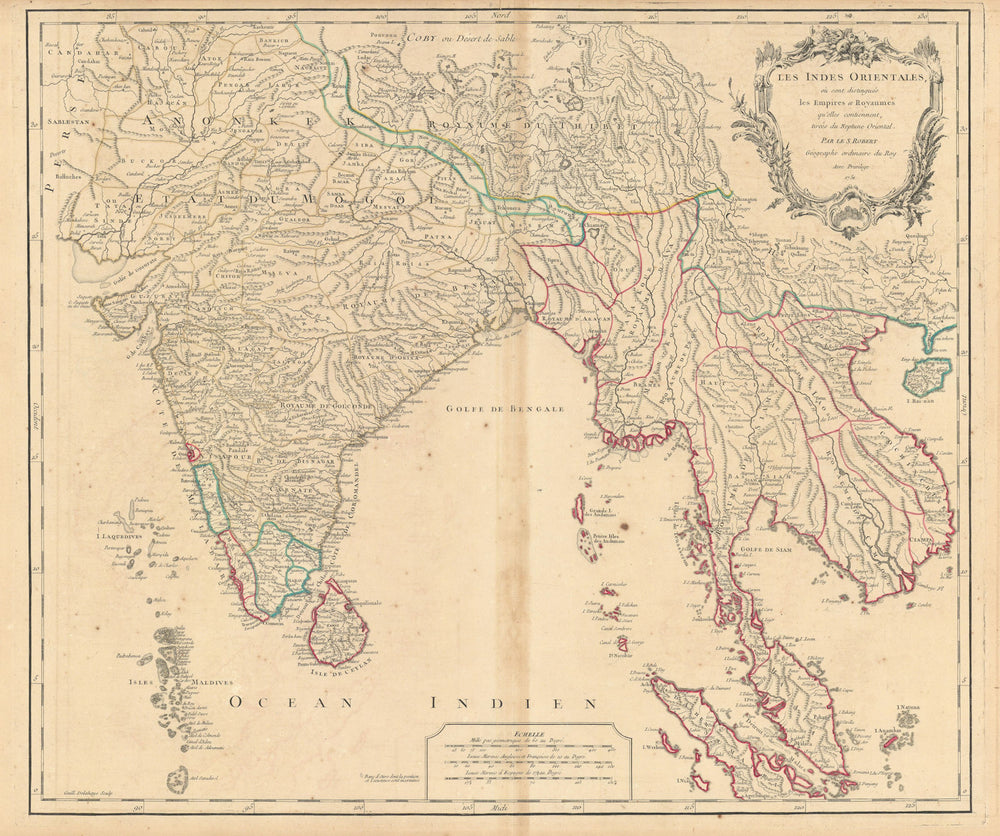 "Les Indes Orientales…" South Asia India Indochina Tibet. VAUGONDY 1751 map