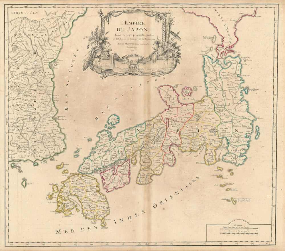 "L'Empire du Japon dressee en 7… parties" Japan Eastern Korea. VAUGONDY 1750 map