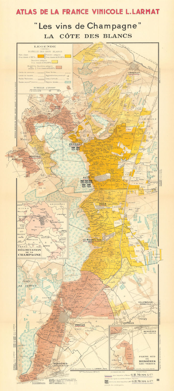 CHAMPAGNE VINEYARD MAP La Côte des Blancs. Cramant Avize Oger. Mumm. LARMAT 1944