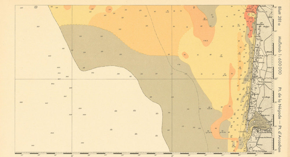 Gironde coast. Côte d'argent. Arcachon. KRIEGSMARINE Nazi map 1943 old