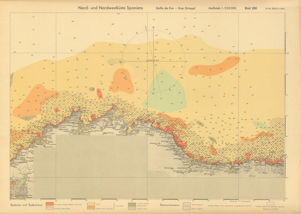 Galicia coast Spain. Gulf of Foz Cape Ortegal. KRIEGSMARINE Nazi map 1943