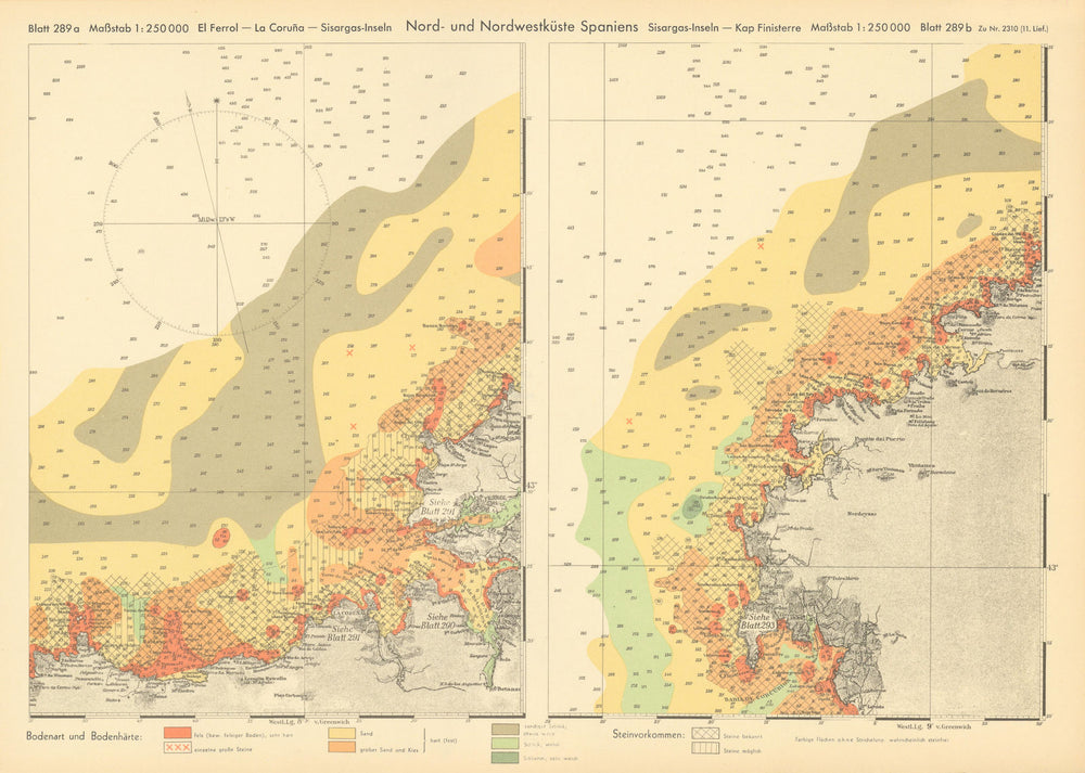 Ferrol A Coruña Fisterra. Galicia Spain. KRIEGSMARINE Nazi map 1943 old