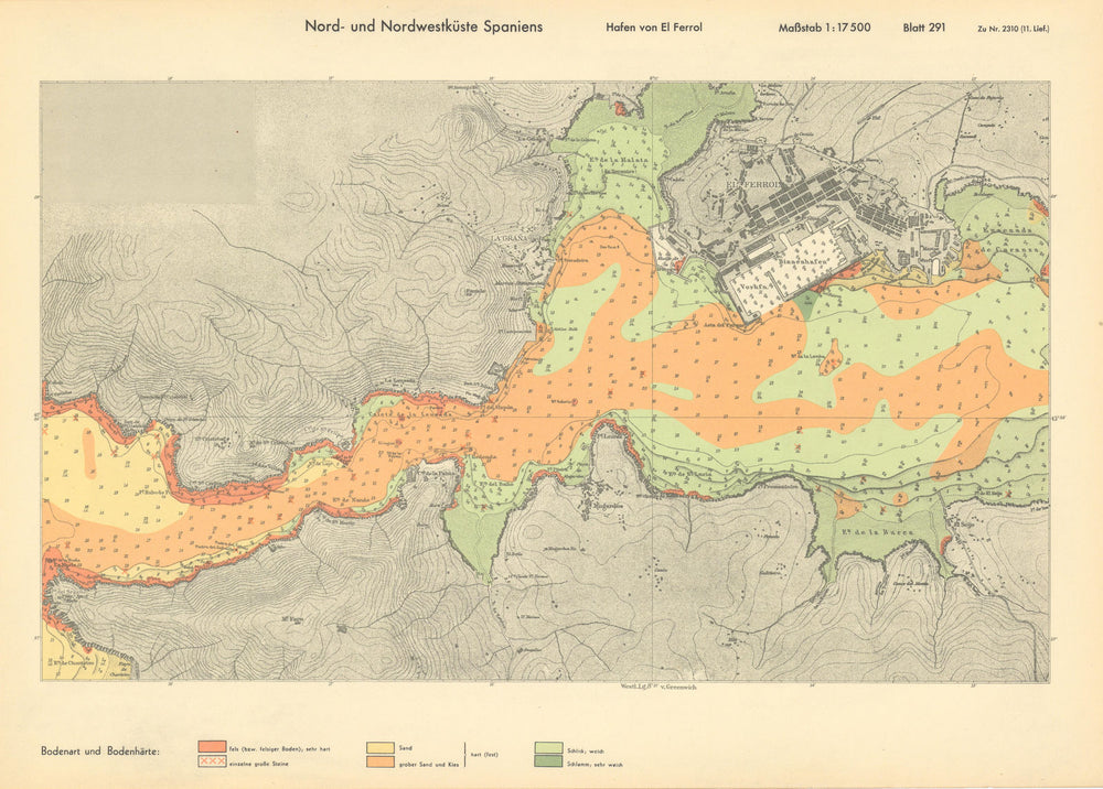 Ferrol harbour. Galicia, Spain. KRIEGSMARINE Nazi map 1943 old vintage