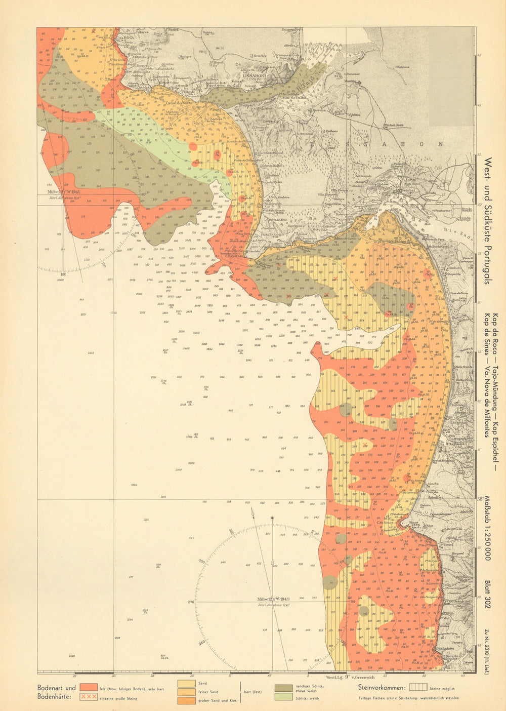 Lisboa distrito south/Setubal coast Portugal KRIEGSMARINE Nazi map 1943