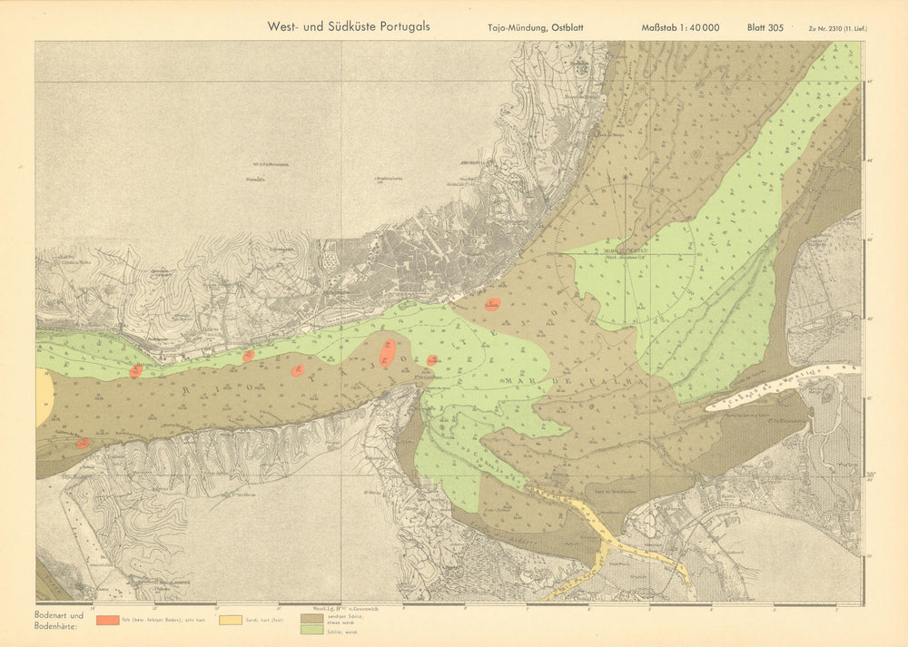 Lisbon. Tagus estuary east. Portugal. KRIEGSMARINE Nazi map 1943 old