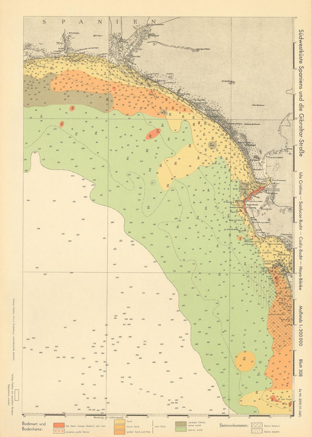 Huelva Cadiz coast. Costa de la Luz. Spain KRIEGSMARINE Nazi map 1943 old