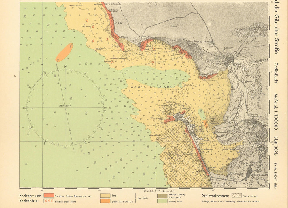 Bahia de / Bay of Cádiz Cadiz. Spain. KRIEGSMARINE Nazi map 1943 old