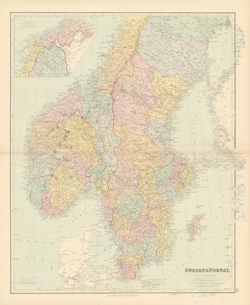 Scandinavia political divisions. Sweden Lans. Norway Amts. STANFORD 1887 map