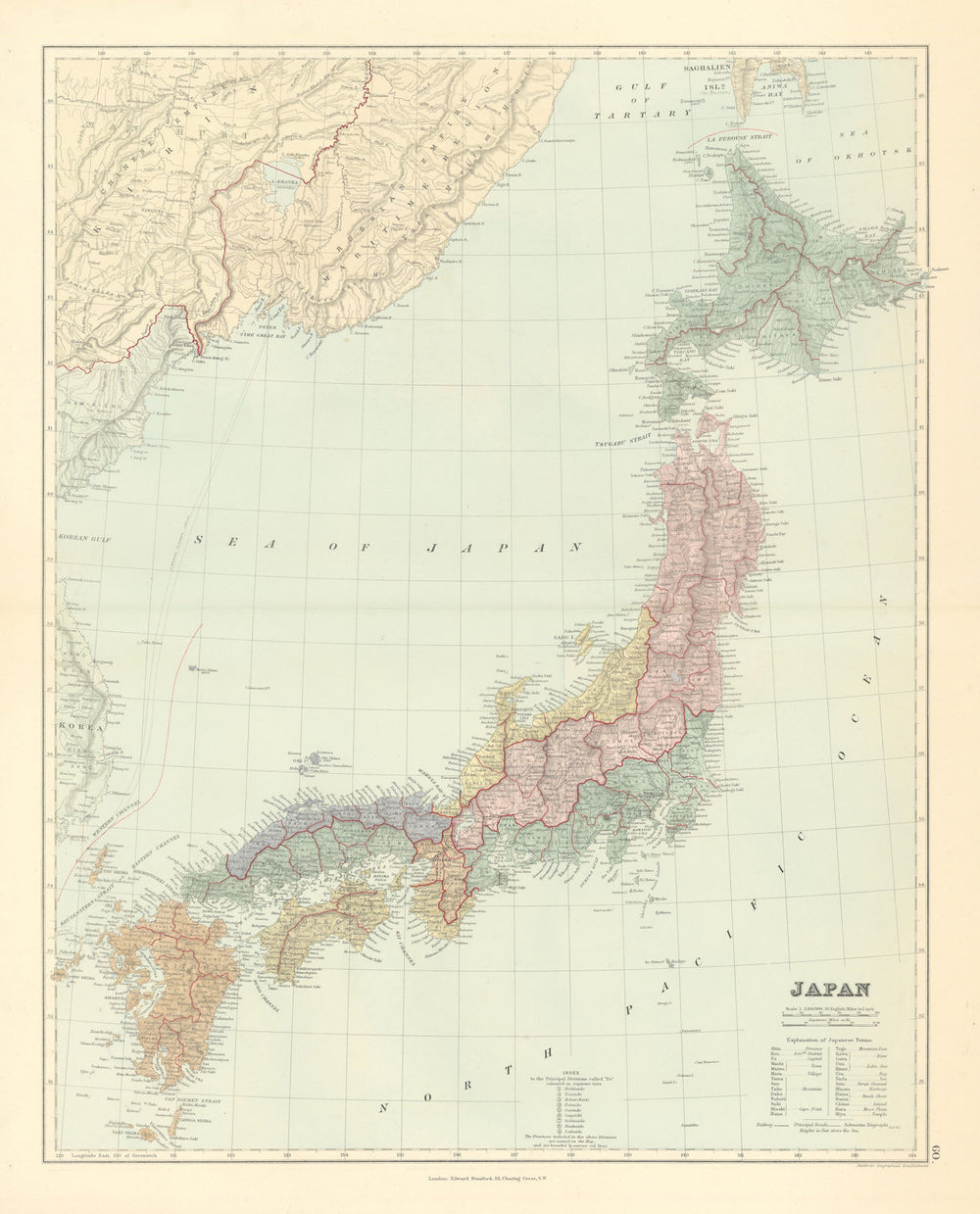 The Islands of Japan, in Provinces/prefectures. 65x52cm. STANFORD 1887 old map