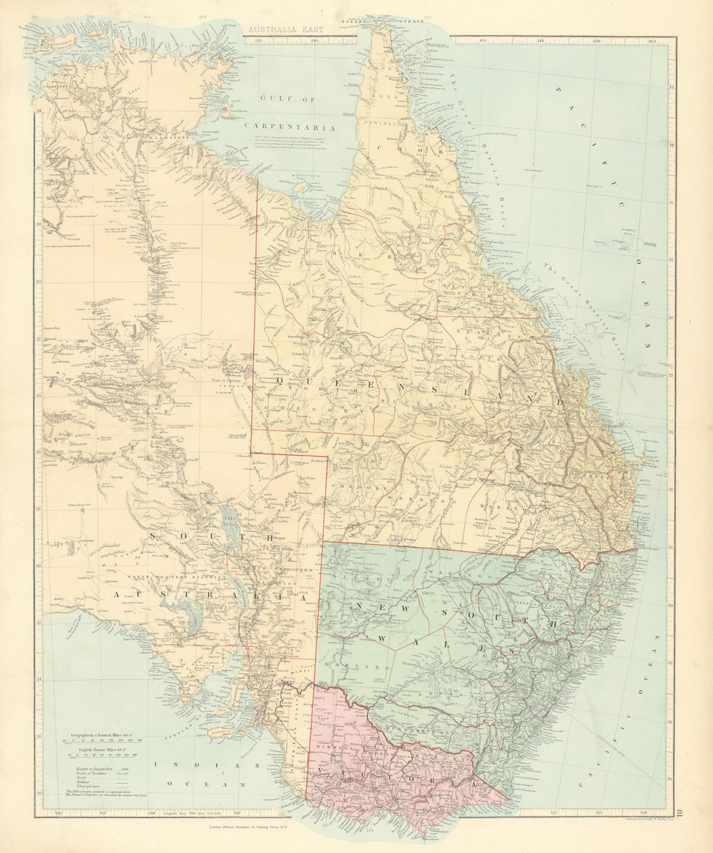 Eastern Australia. New South Wales Victoria Queensland. STANFORD 1887 old map