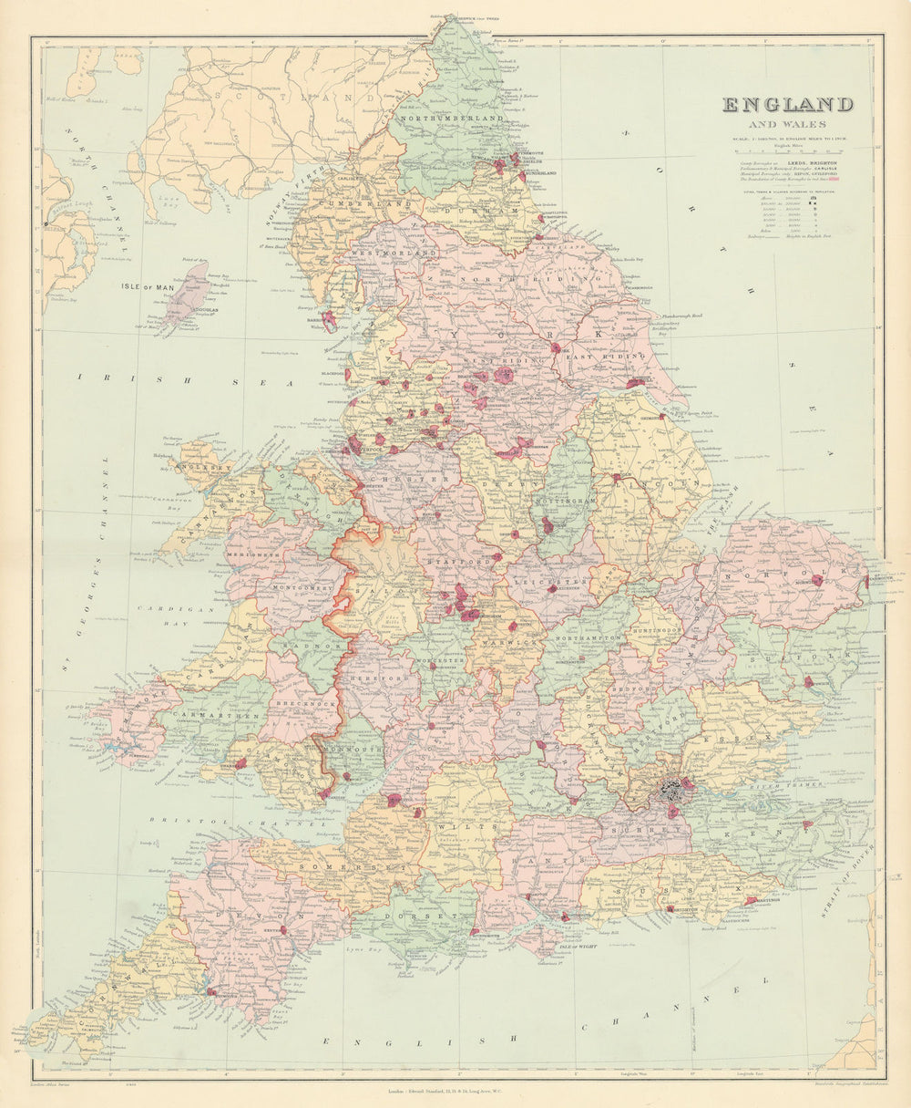 England and Wales in counties & Boroughs. Large 67x55cm. STANFORD 1904 old map