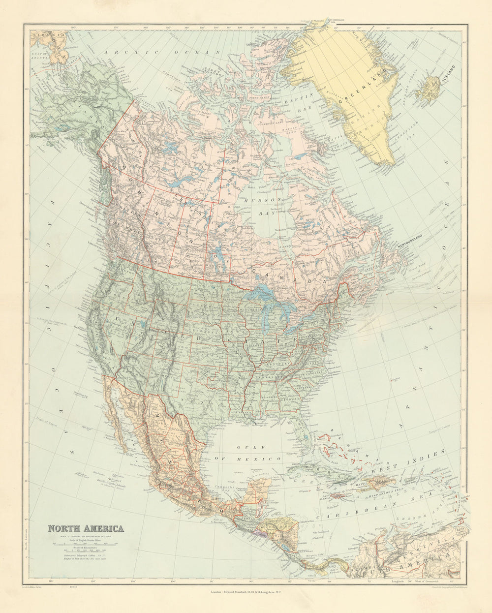 North America. United States Canada Mexico Greenland. 65x52cm STANFORD 1904 map