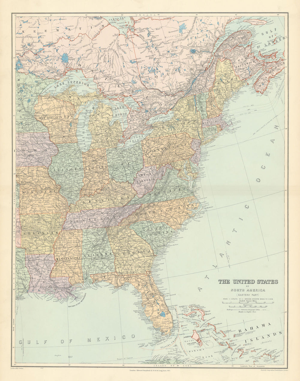 The United States of North America, Eastern part. USA. 69x54cm STANFORD 1904 map