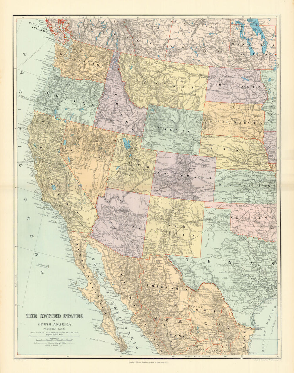 The United States of North America, Western part. USA. 69x54cm STANFORD 1904 map