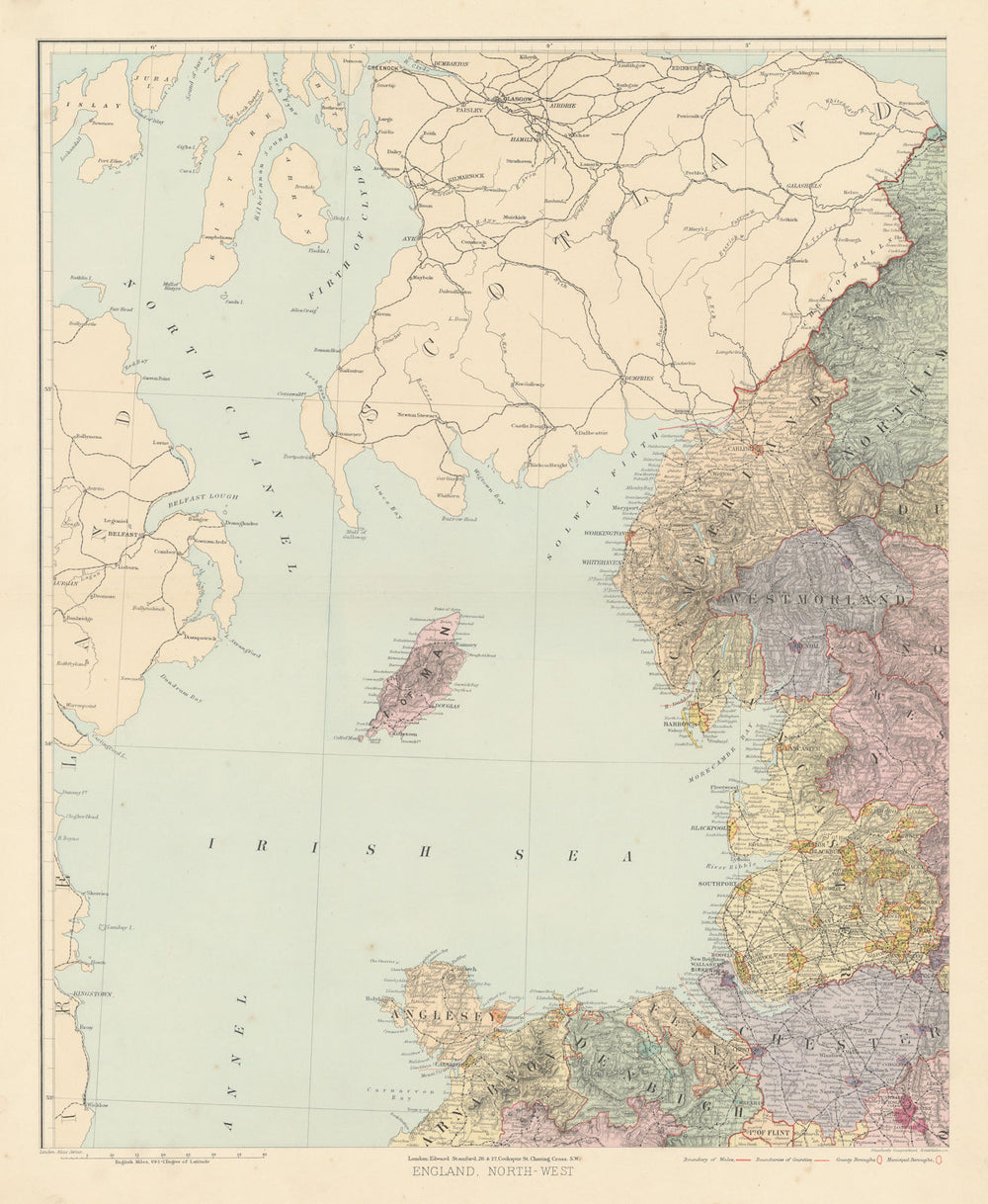 North west England & North Wales. Isle of Man. Large 61x50cm. STANFORD 1894 map