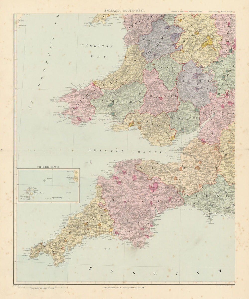 South-west England & South Wales. Large 62x51cm. STANFORD 1894 old antique map
