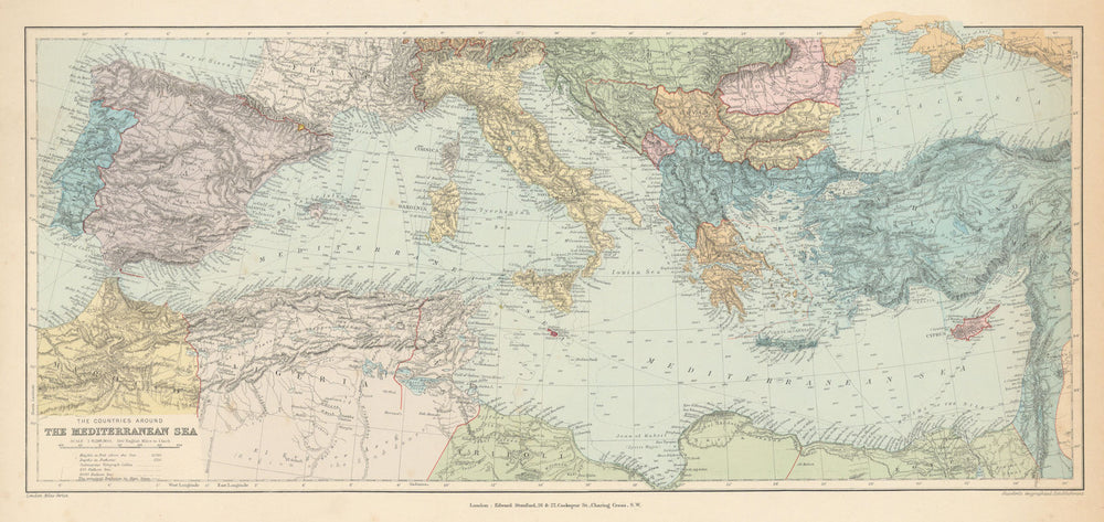 Countries round the Mediterranean. Soundings Telegraph cables. STANFORD 1894 map