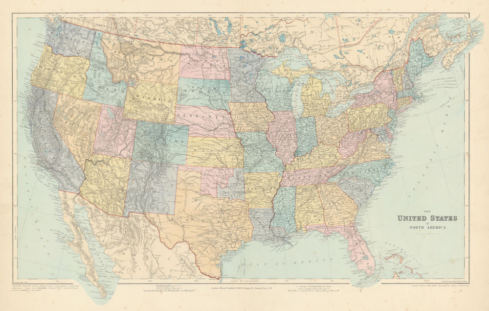 The United States of North America. 72x46cm 18x28 inches STANFORD 1894 old map