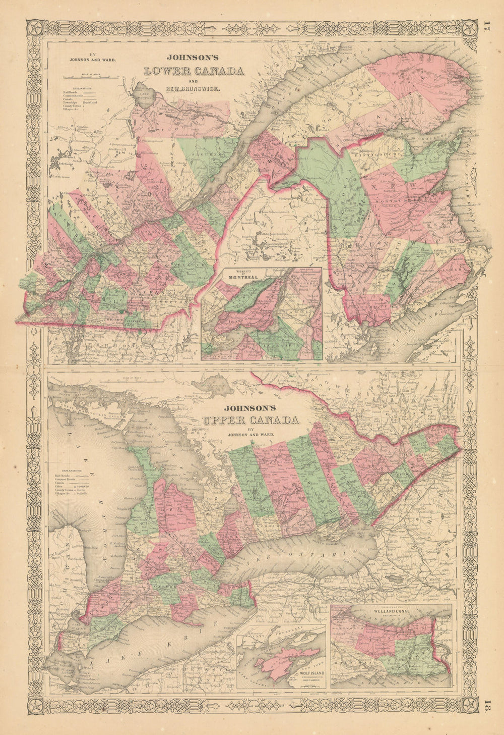 Johnson's Lower Canada & New Brunswick. Upper Canada. Great Lakes 1865 old map