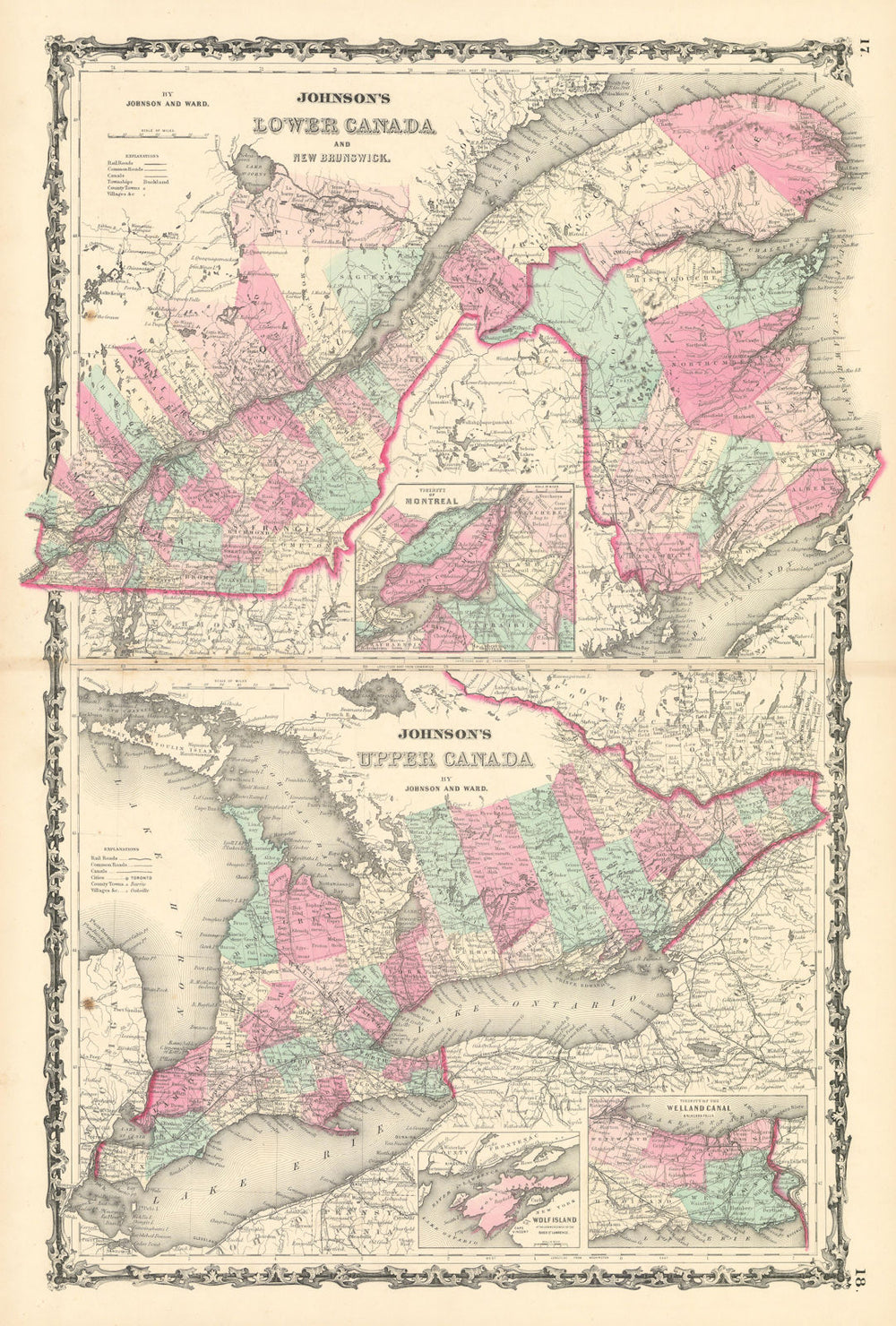 Johnson's Lower Canada & New Brunswick. Upper Canada. Great Lakes 1863 old map