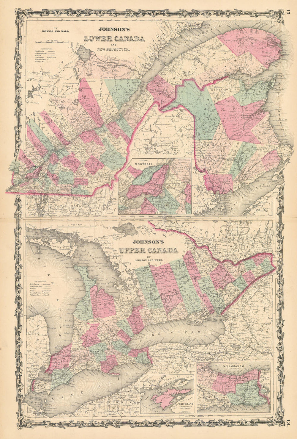 Johnson's Lower Canada & New Brunswick. Upper Canada. Great Lakes 1862 old map