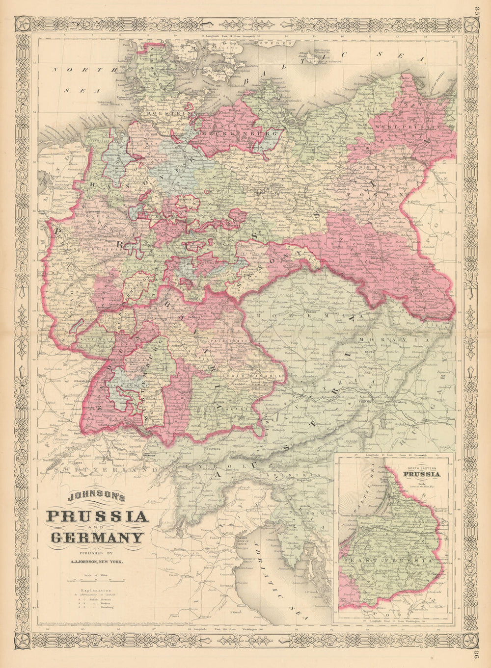 Johnson's Prussia & Germany. Saxony Silesia Bavaria Pomerania Poland 1867 map