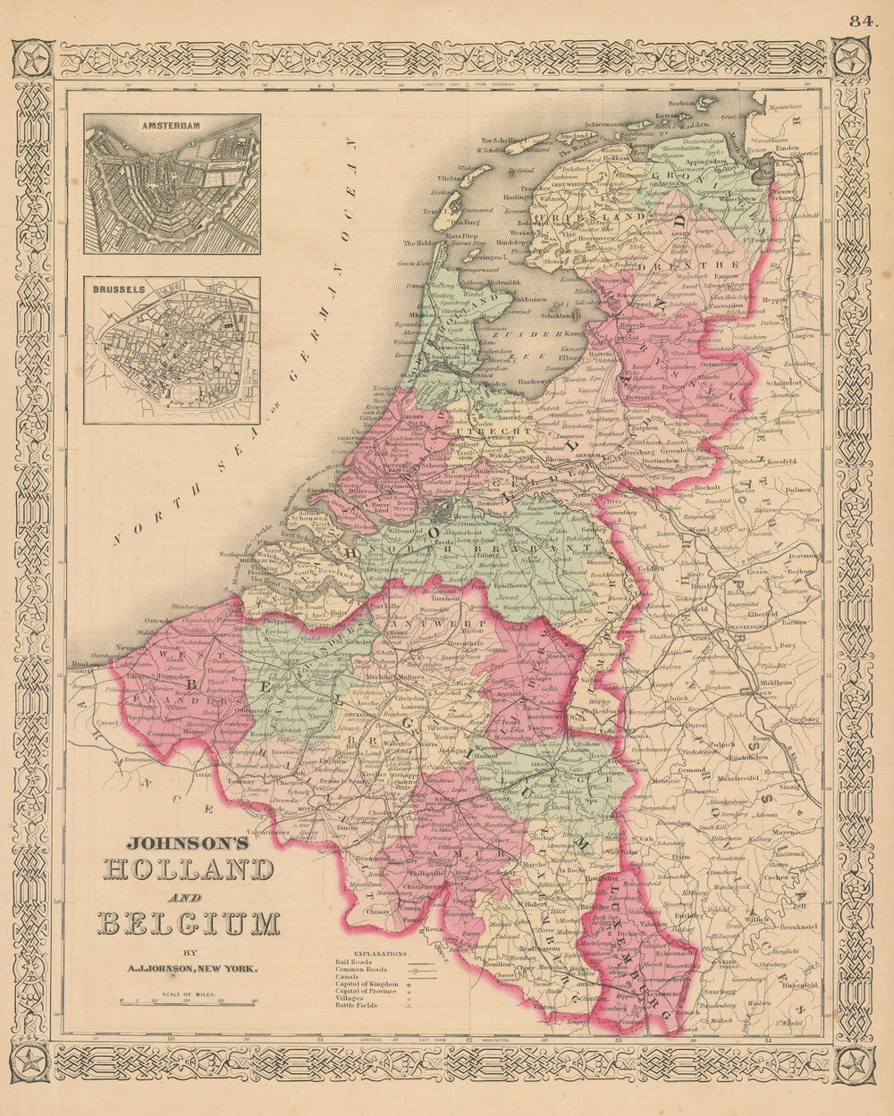 Johnson's Holland and Belgium. Benelux. Amsterdam & Brussels 1867 old map