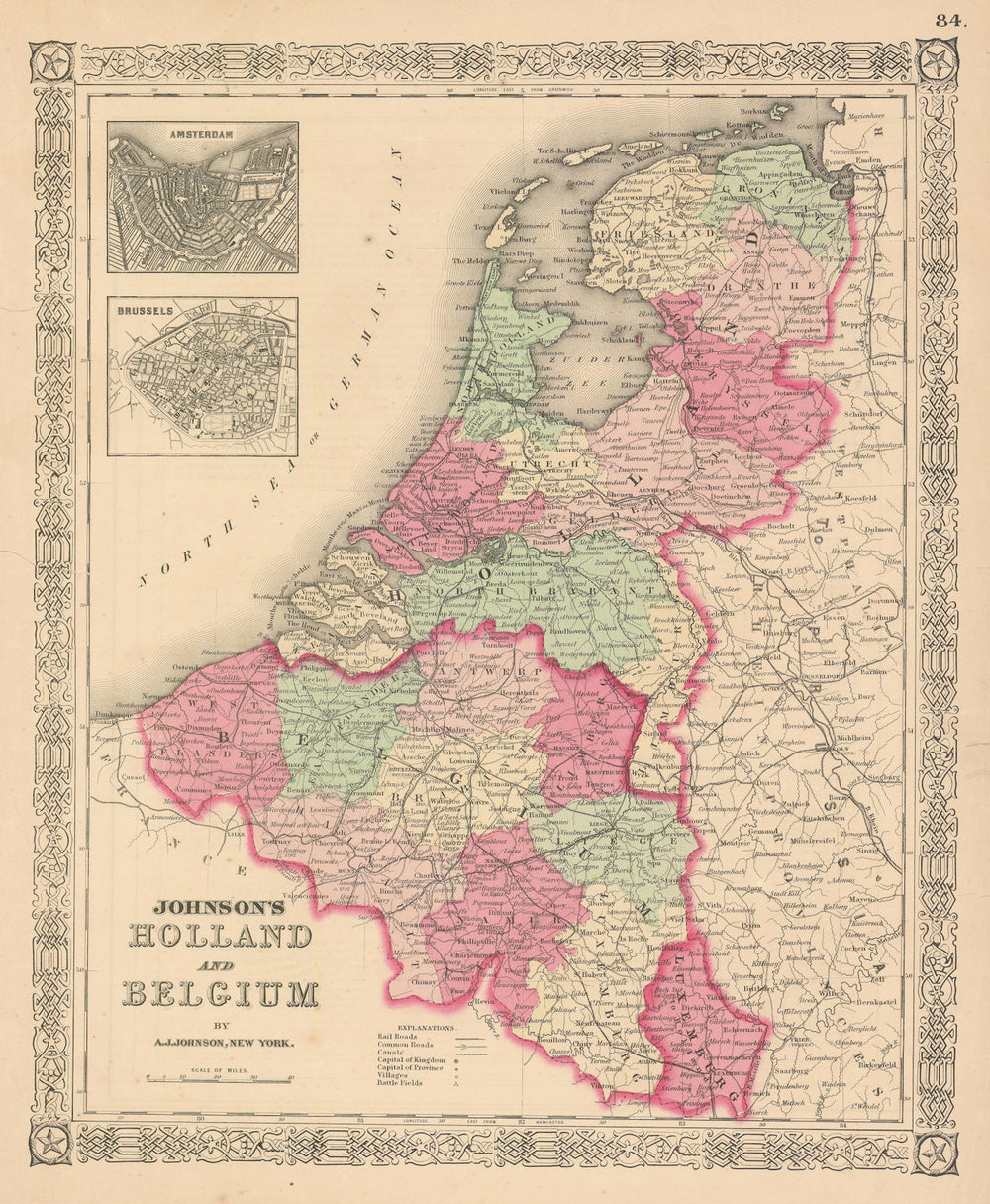 Johnson's Holland and Belgium. Benelux. Amsterdam & Brussels 1867 old map