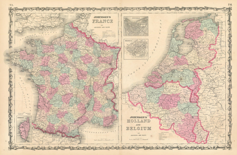 Johnson's France, Holland & Belgium. 2 maps on one sheet 1862 old antique