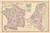 Johnson's France, Holland & Belgium. 2 maps on one sheet 1862 old antique