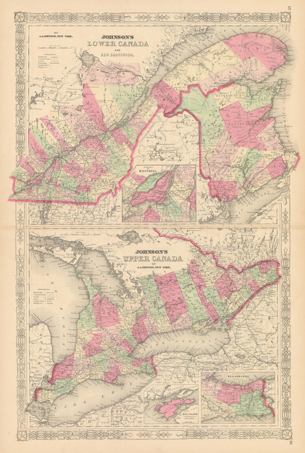 Johnson's Lower Canada & New Brunswick. Upper Canada. Great Lakes 1867 old map