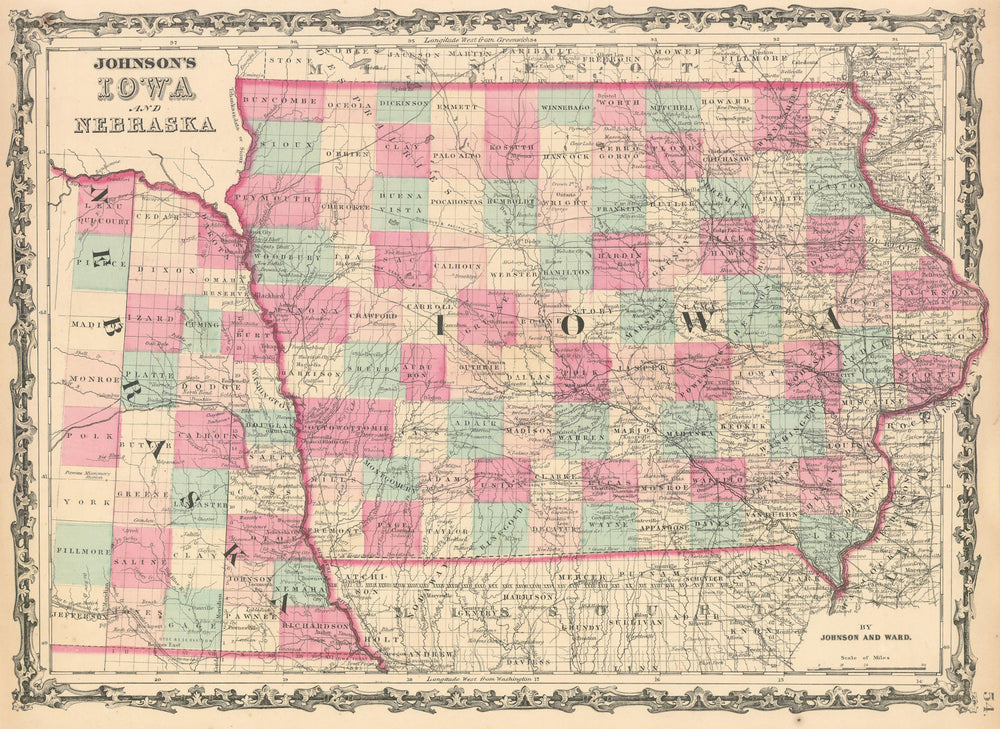 Johnson's Iowa & Nebraska. US state map showing counties 1862 old antique