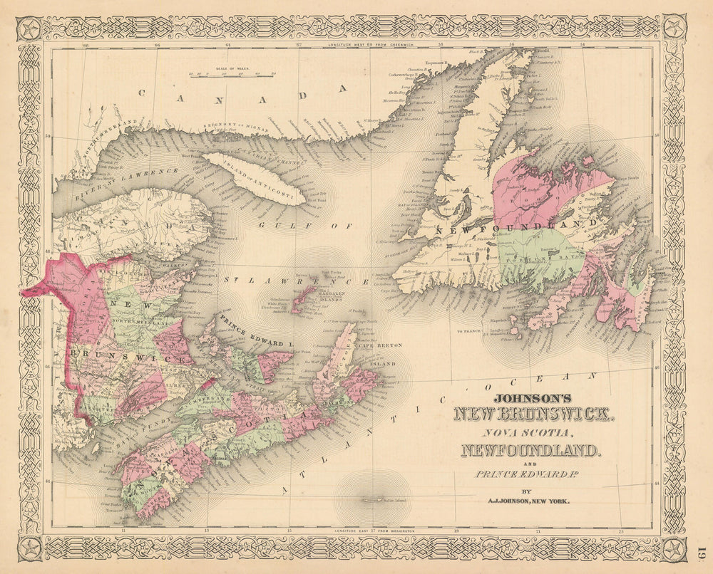 Johnson's New Brunswick, Nova Scotia, Newfoundland & Prince Edward Id. 1867 map
