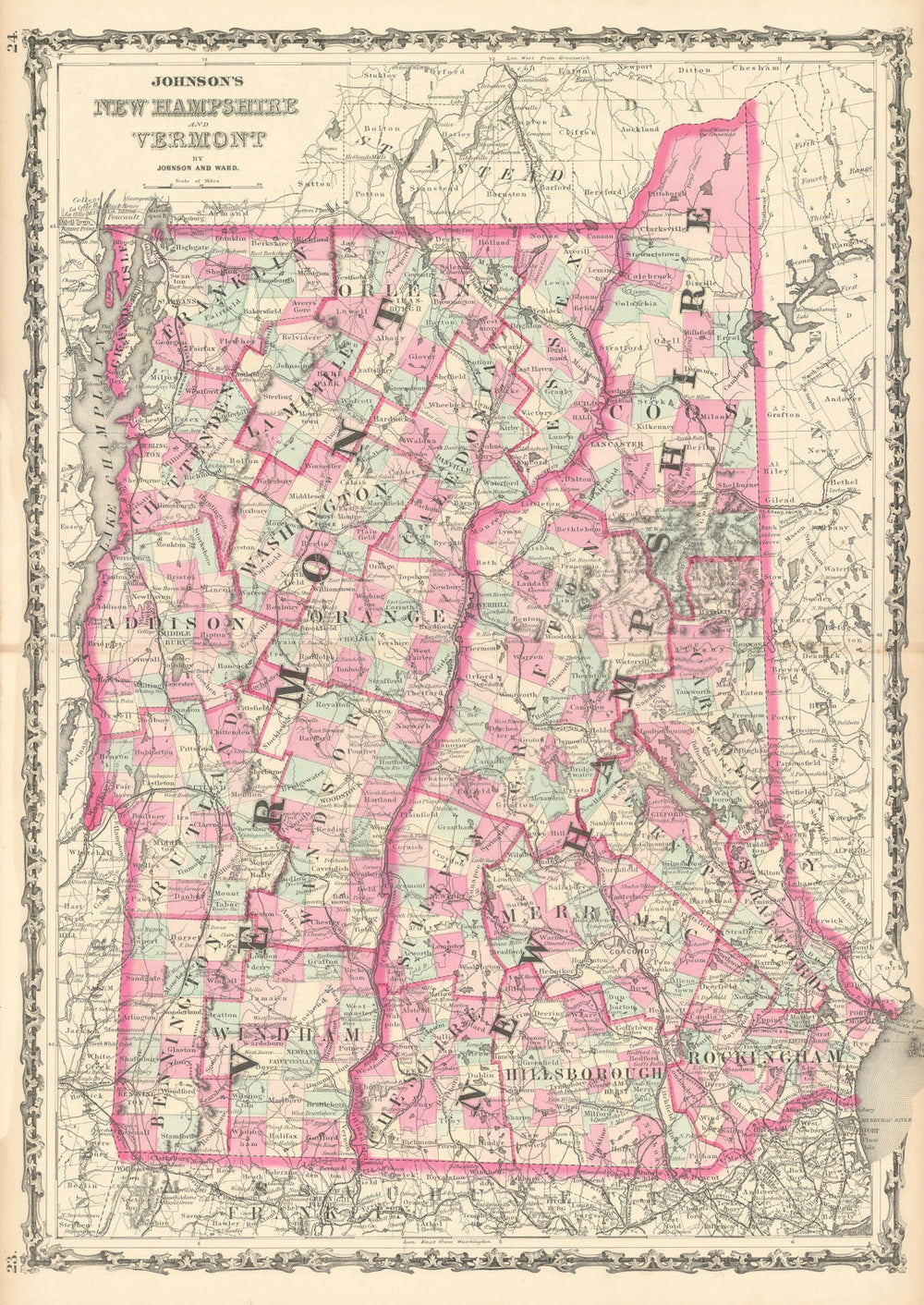 Johnson's New Hampshire & Vermont. US State map showing counties 1863 old