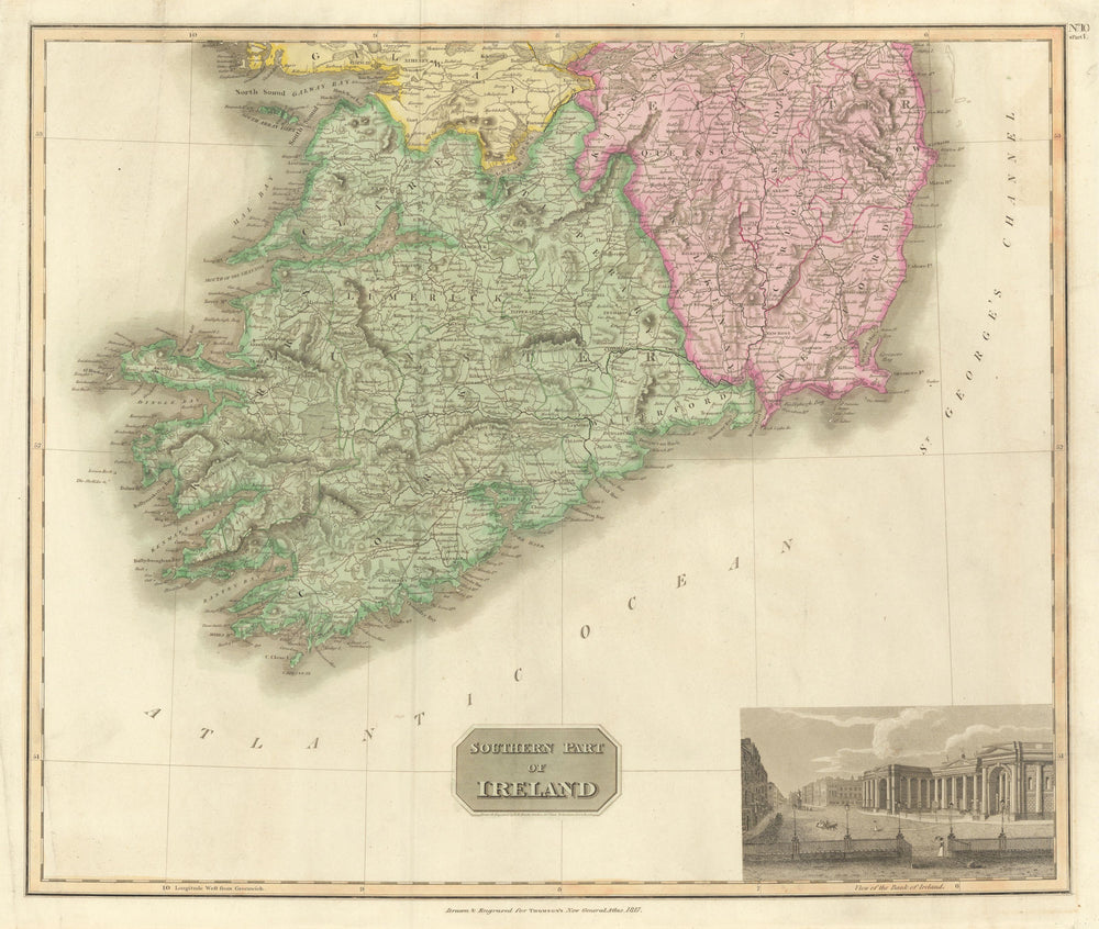 Southern part of Ireland. Munster Leinster. Coach roads. THOMSON 1817 old map
