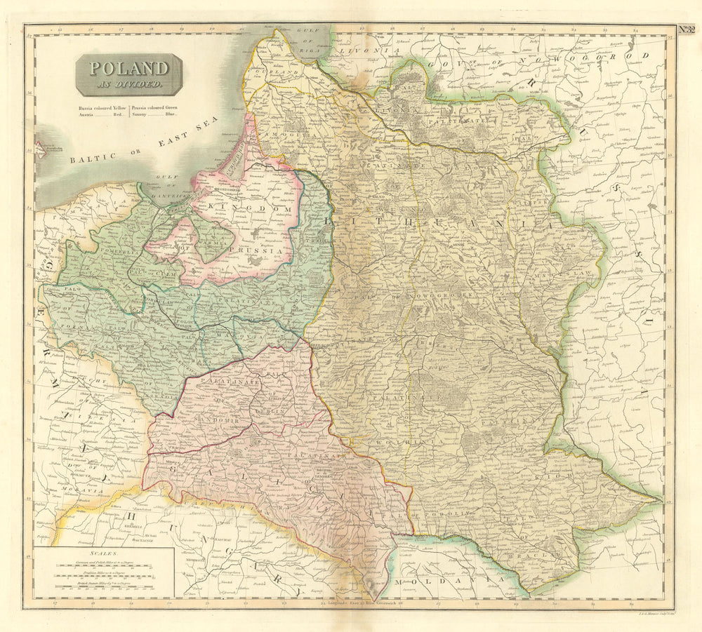 "Poland as divided". Polish-Lithuanian Commonwealth after 1795. THOMSON 1817 map