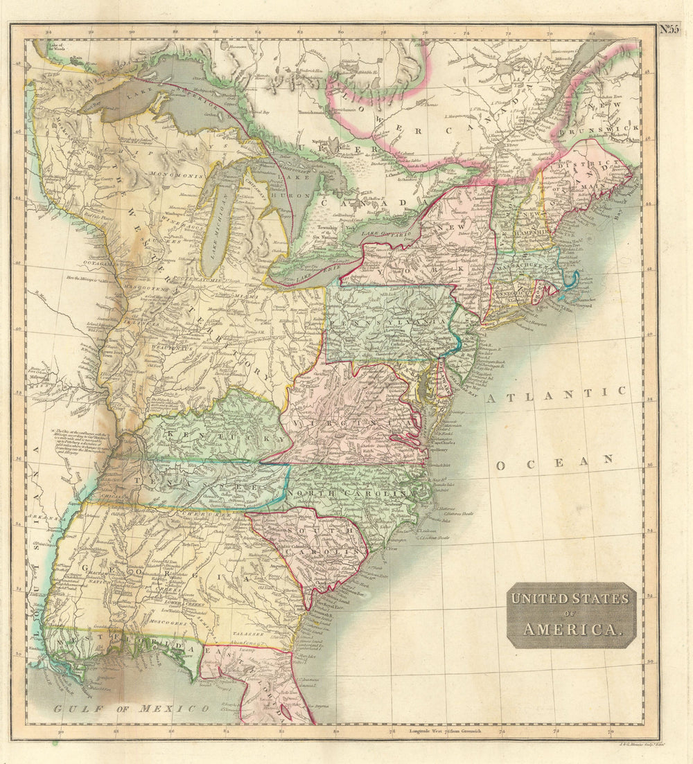 "United States of America". THOMSON. 16 states. West & East Florida 1817 map