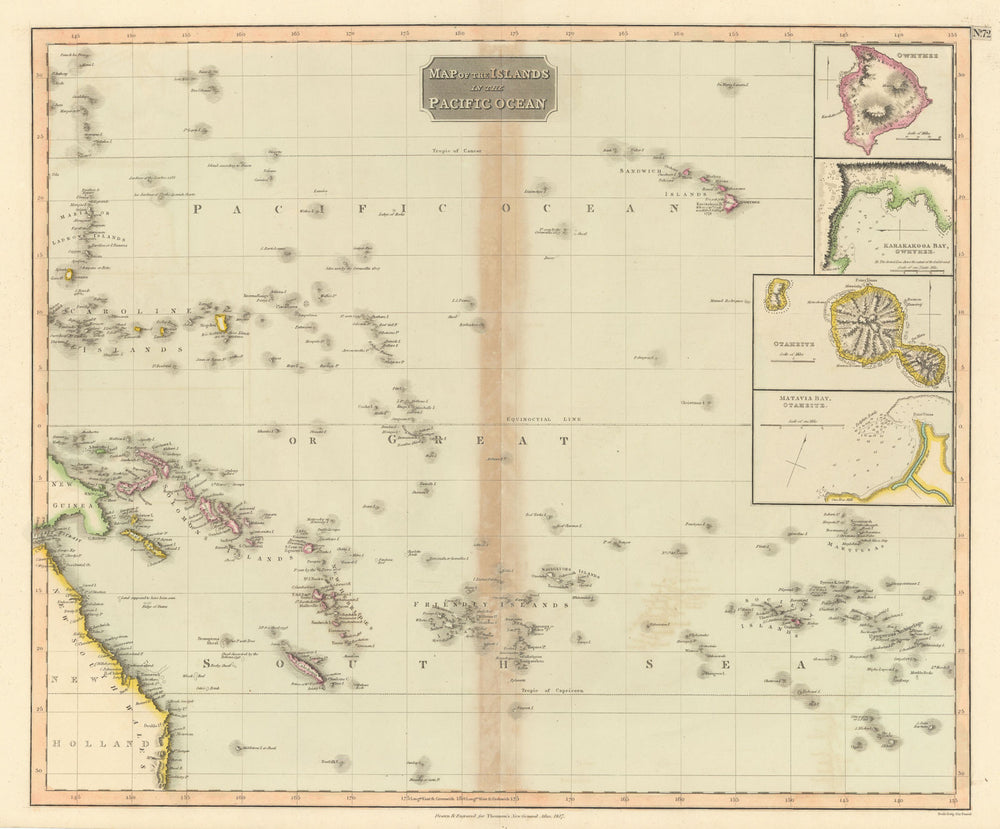 "Islands in the Pacific Ocean". Owhyhee/Hawaii Otaheite/Tahiti. THOMSON 1817 map