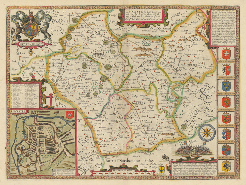 Leicestershire county map by John Speed. Henry Overton edition 1713 old