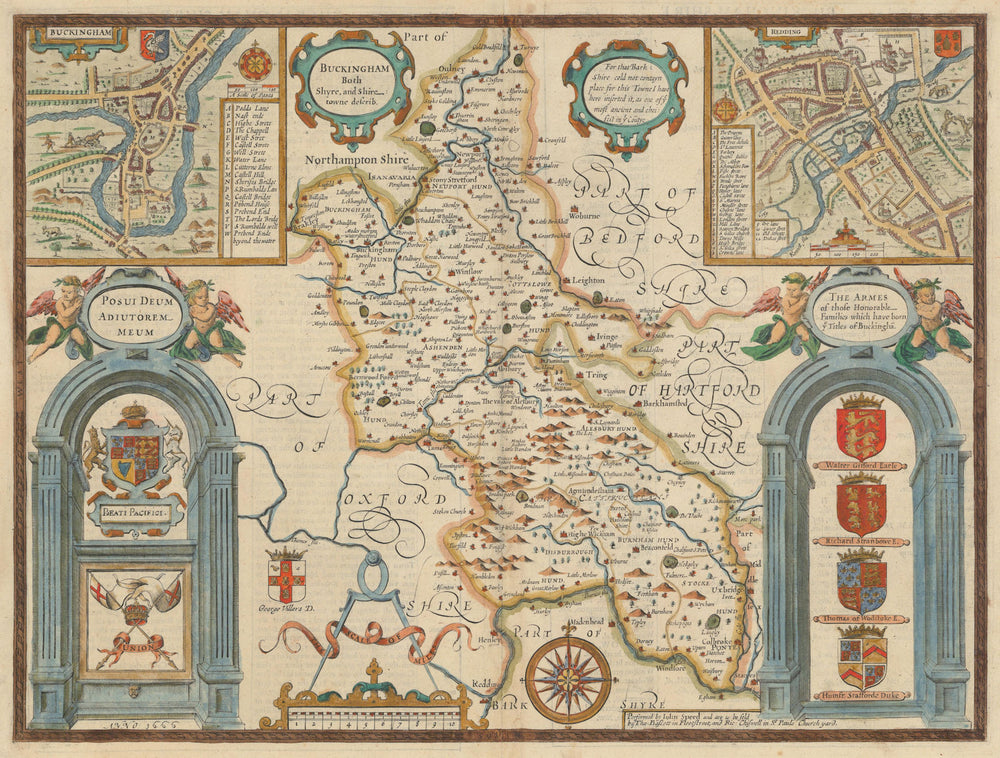 Buckinghamshire county map by John Speed. Bassett & Chiswell edition 1676