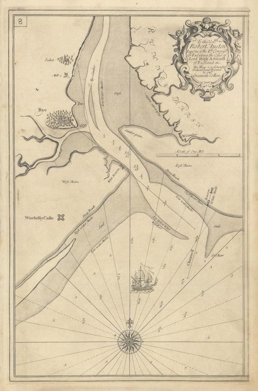 Rother Estuary, Rye & Winchelsea. Sea chart by Capt. Greenvile. COLLINS 1723 map