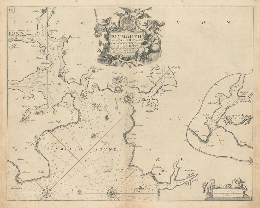PLYMOUTH SOUND & SALCOMBE sea chart. Kingsbridge estuary. COLLINS 1723 old map