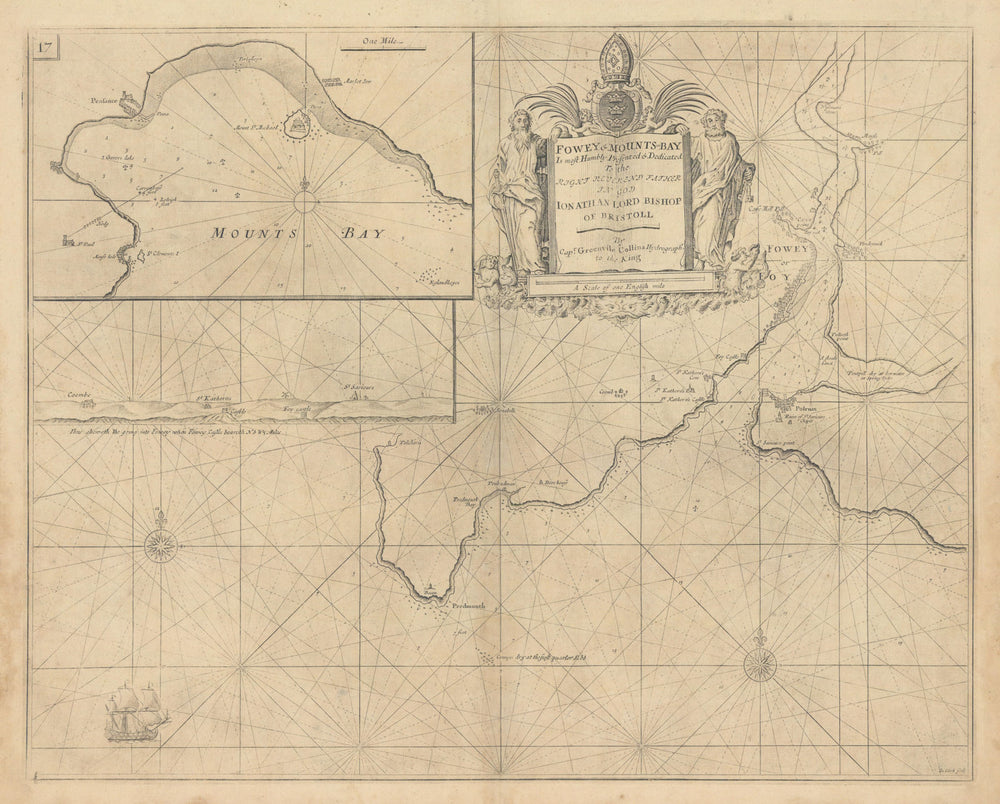 FOWEY & MOUNTS BAY sea chart. Polruan Bodinnick Penzance. COLLINS 1723 old map