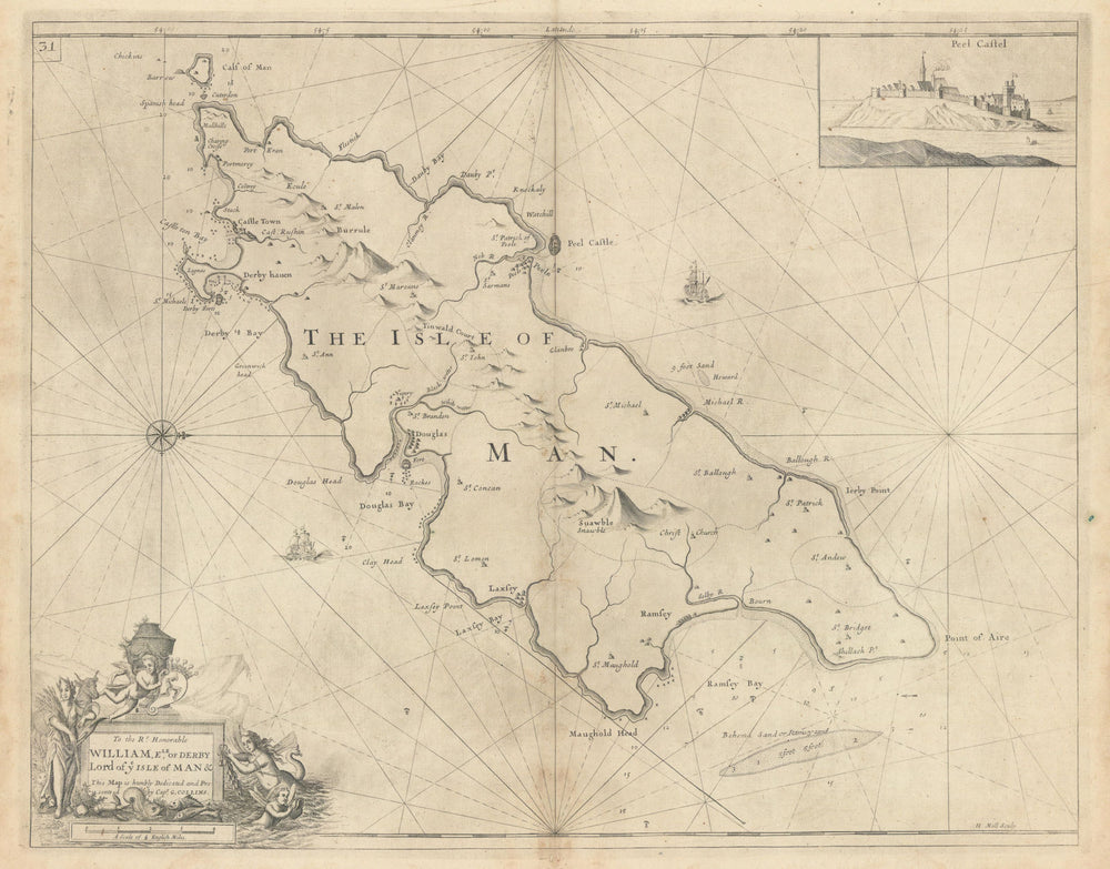 THE ISLE OF MAN sea coast chart. Douglas Ramsey Peel Castle. COLLINS 1723 map