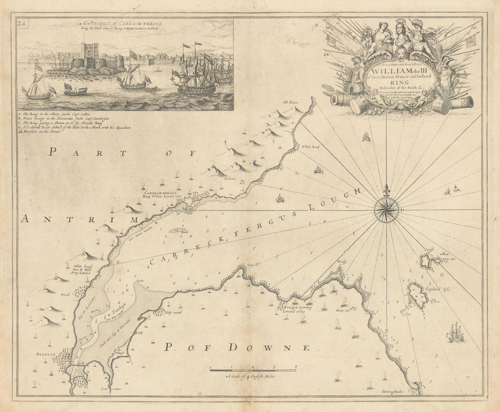 BELFAST LOUGH sea chart. 1690 William III at Carrickfergus. COLLINS 1723 map