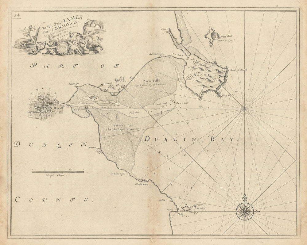 DUBLIN BAY sea chart. Howth Head Dalkey Clontarf Merrion. COLLINS 1723 old map